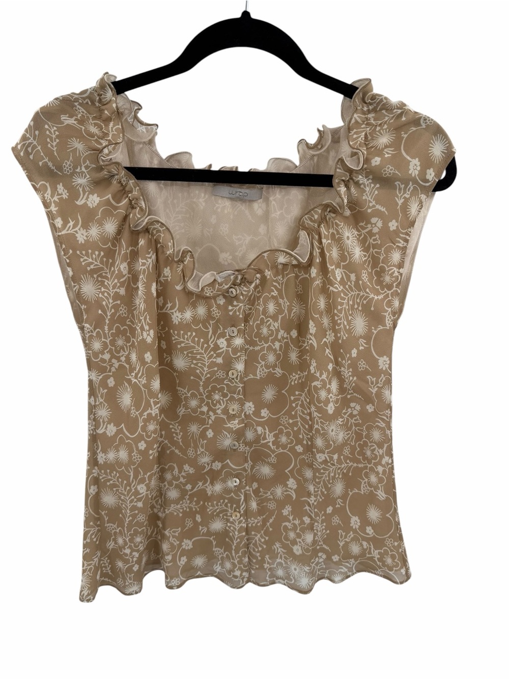 Wrap 100% Silk Tan White Coquette Babydoll Feminine Blouse Size 10